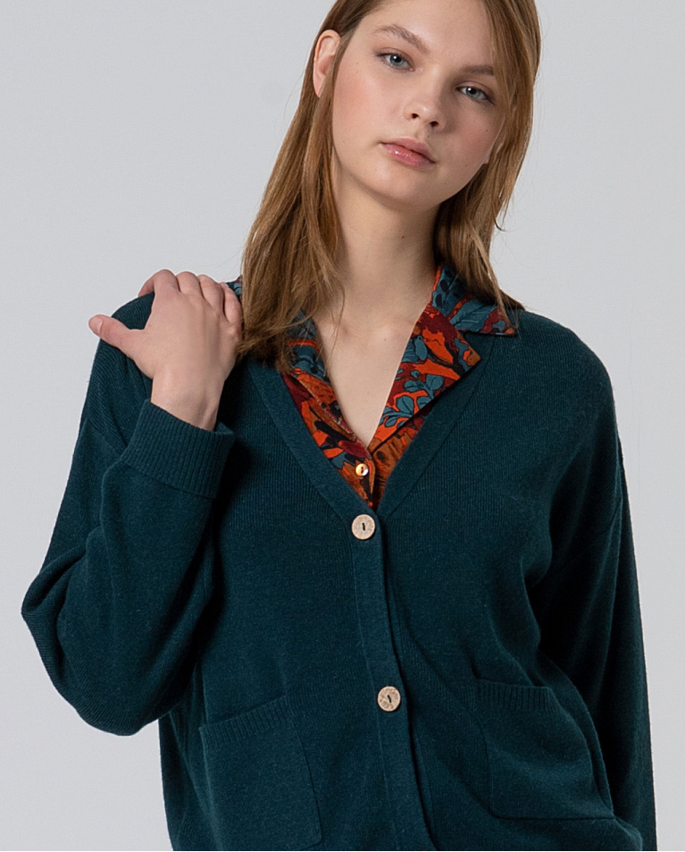 Wide plain color tricot cardigan Bottle Green