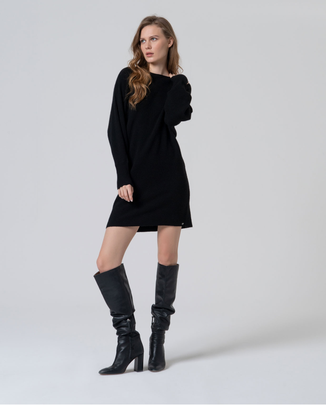 Vestido de tricot manga abullonada Negro