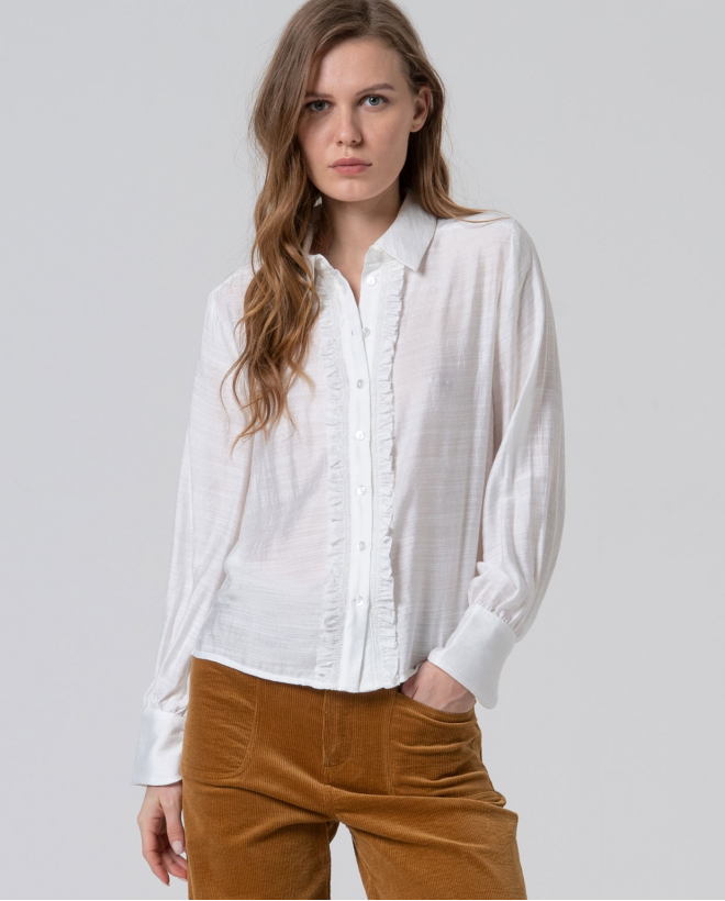 Camisa de viscosa con volantes Blanco