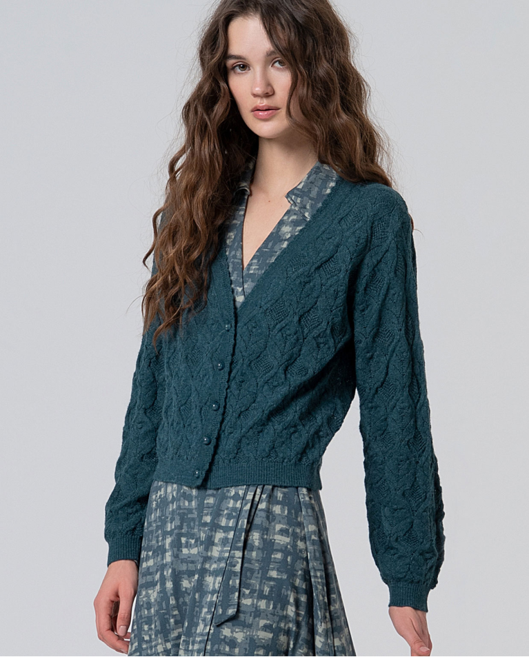 Cárdigan de tricot con dibujo trenzado Azul