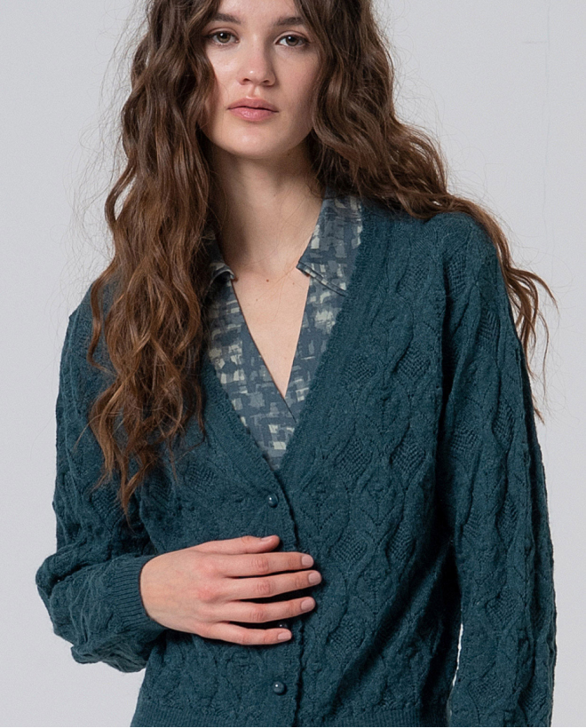 Braided pattern tricot cardigan Blue