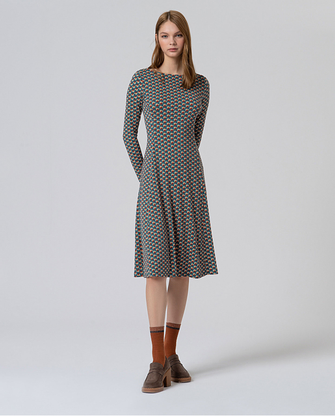 Vestido midi elástico micro estampado Verde Botella