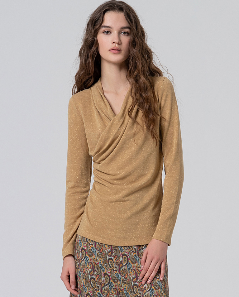 Camiseta de escote cruzado con lurex Oro