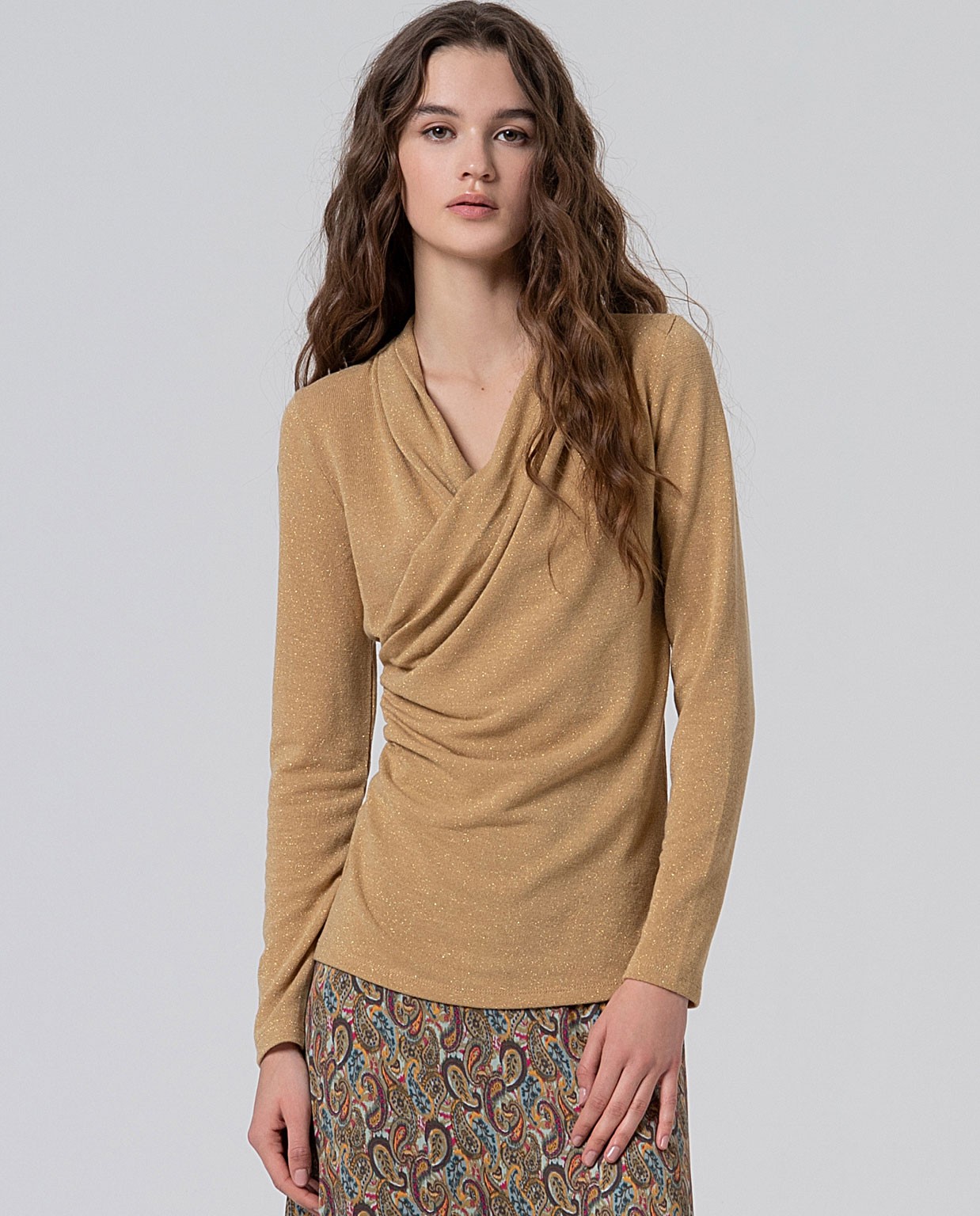 Camiseta de escote cruzado con lurex Oro