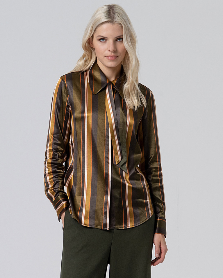 Fluid satin blouse with lace-up neckline Multi