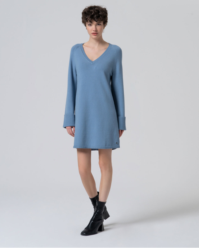 Vestido tricot oversize con escote pico Azul