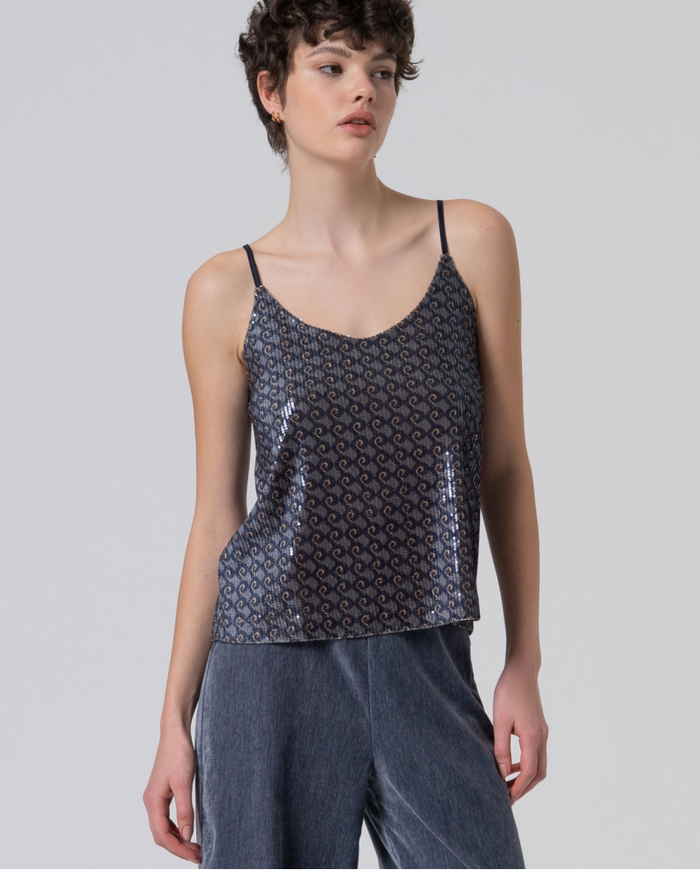 Top de fiesta de lentejuelas estampadas. Marino