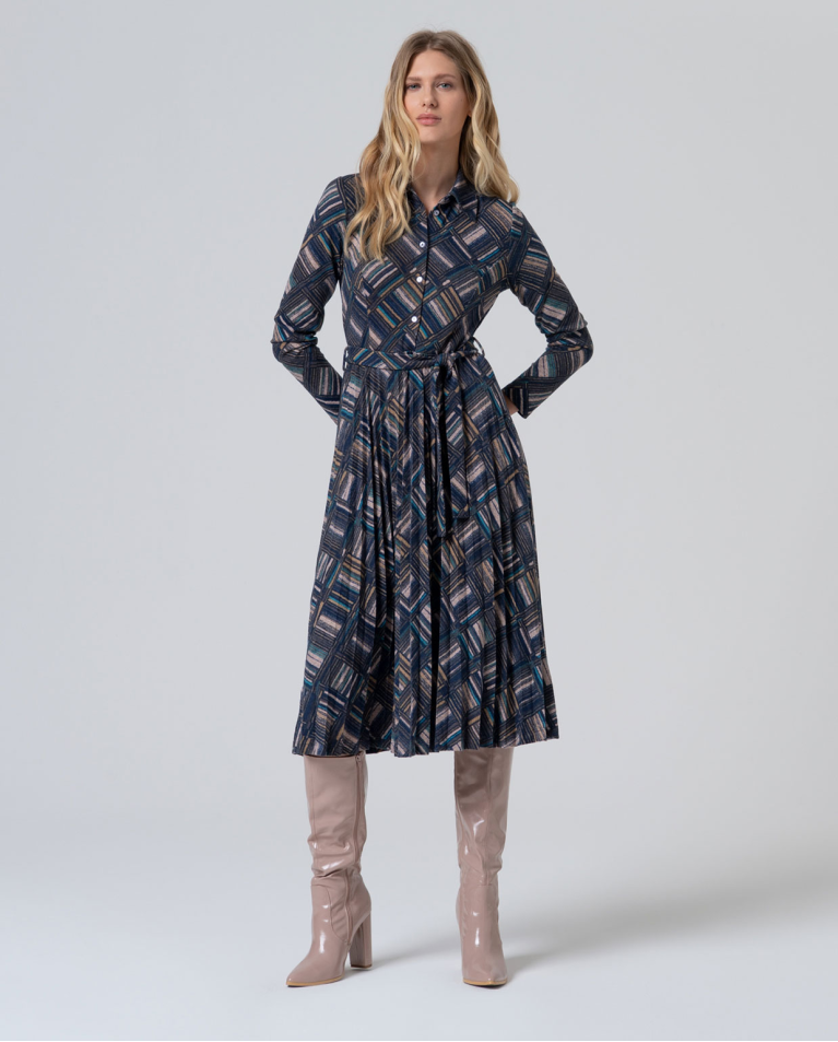 Geometric shirt dress with belt Blue
