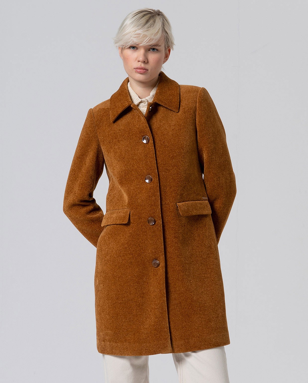 Long structured chenille coat Mustard