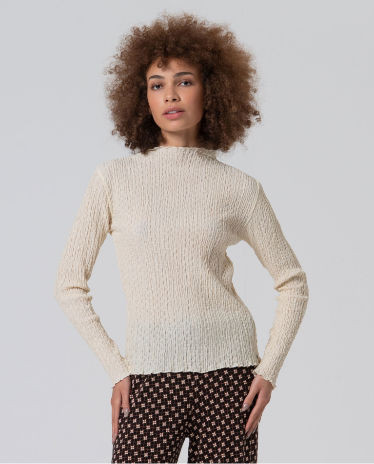 Textured turtleneck T-shirt Beige