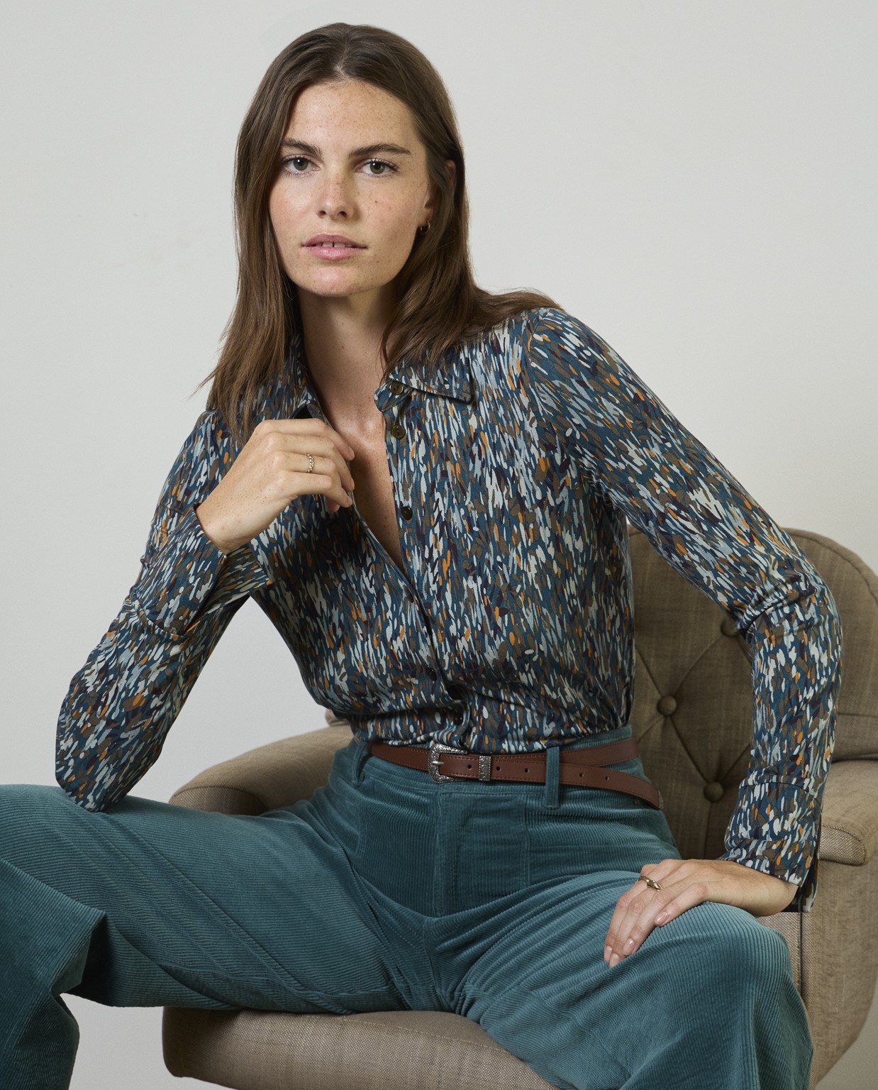 Elastic and fluid long sleeve shirt Petrol blue