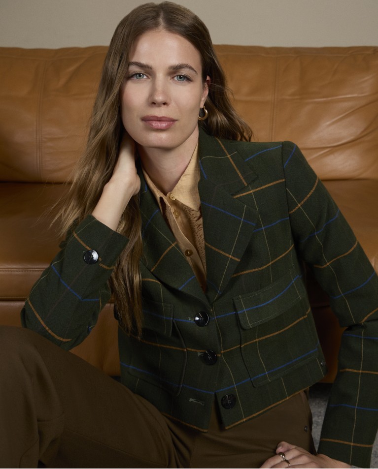 Blazer cropped de cuadros Kaki