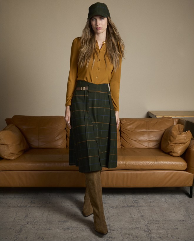 Falda midi cruzada de cuadros Kaki