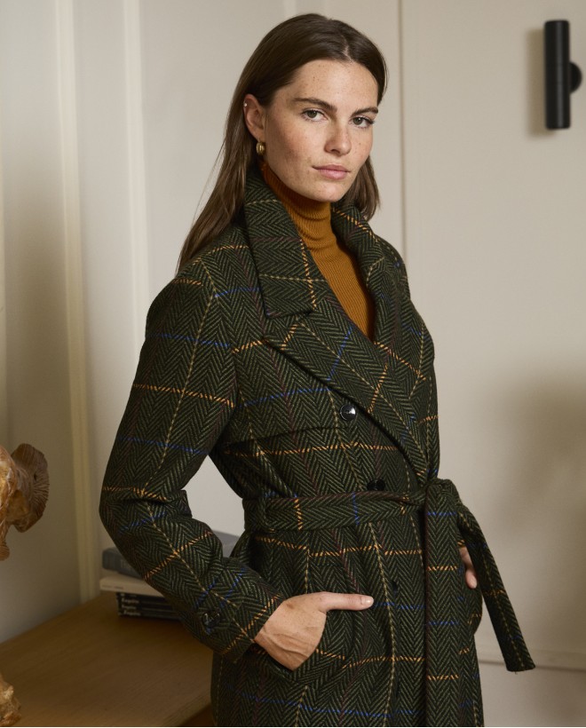 Trench cruzado con mezcla de lana Kaki