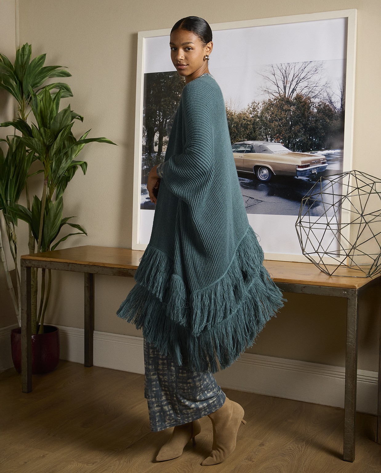 Poncho de tricot con flecos Azul acero