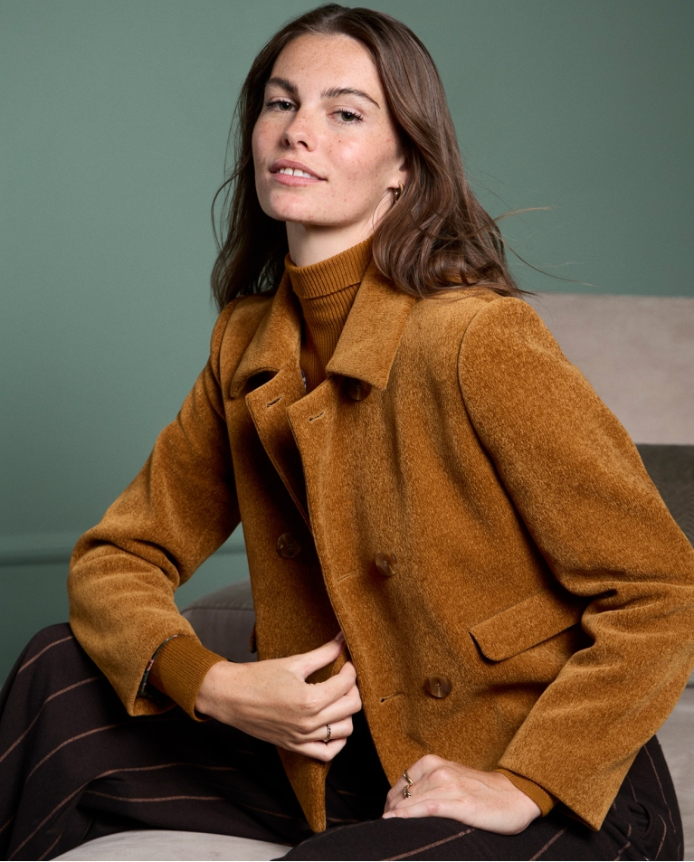 Short chenille coat with lining Mustard