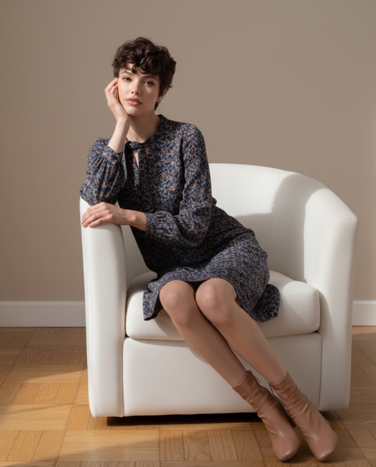Vestido corto estampado con lazada Azul