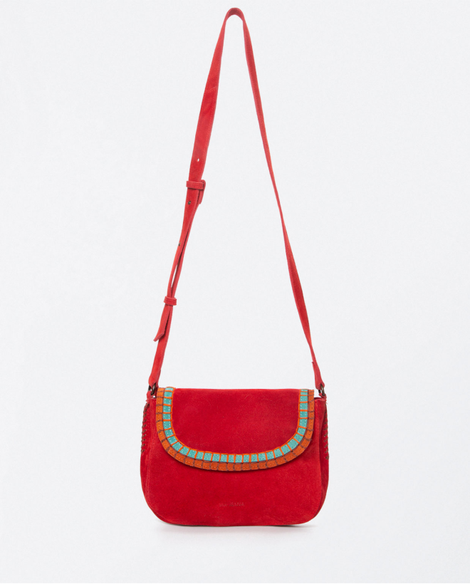 Nappa leather shoulder bag with flap and embroider Red