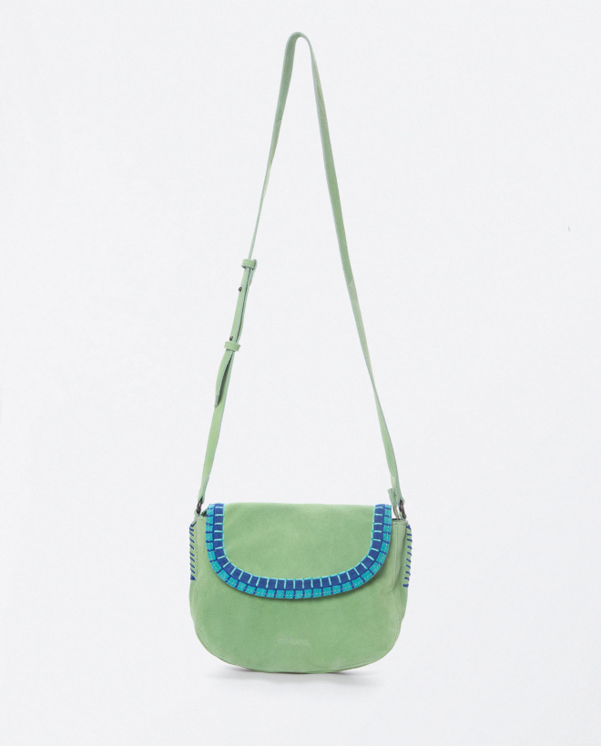 Nappa leather shoulder bag with flap and embroider Green