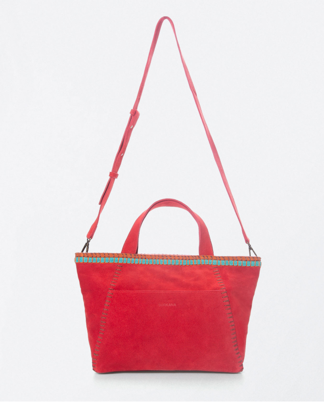 Nappa leather shopper bag with embroide details. Red