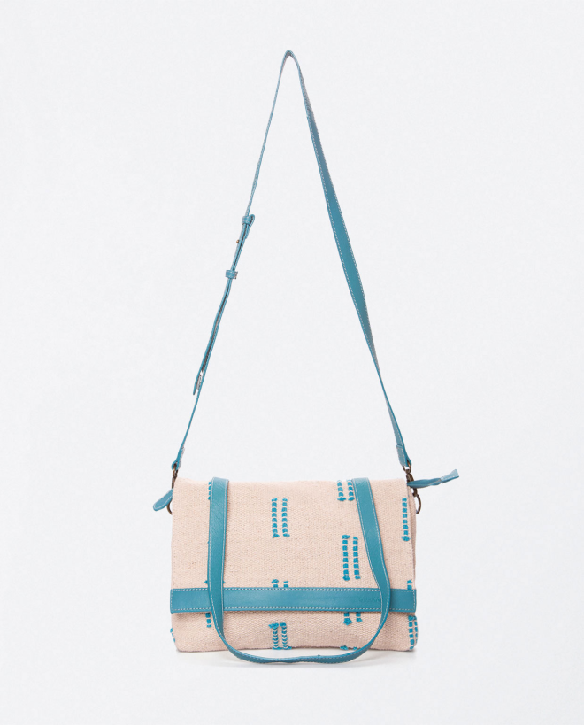 Shoulder bag with flap and short handle. Turquoise