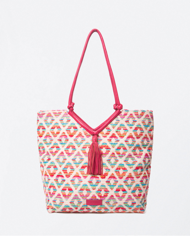 Large shopper bag with pompom ornament.ed Fuchsia
