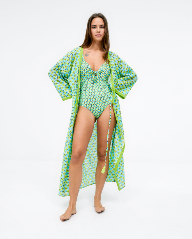 Long kimono knotted at the chest printed Acid green