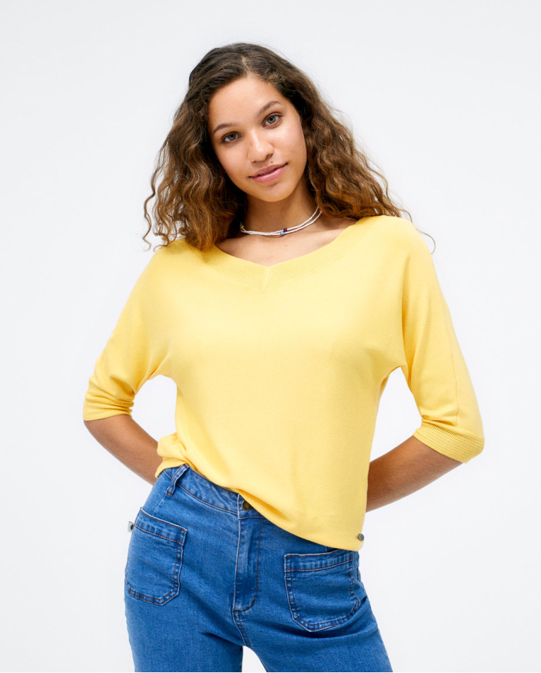 V-neck knitted jumper. Plain Yellow