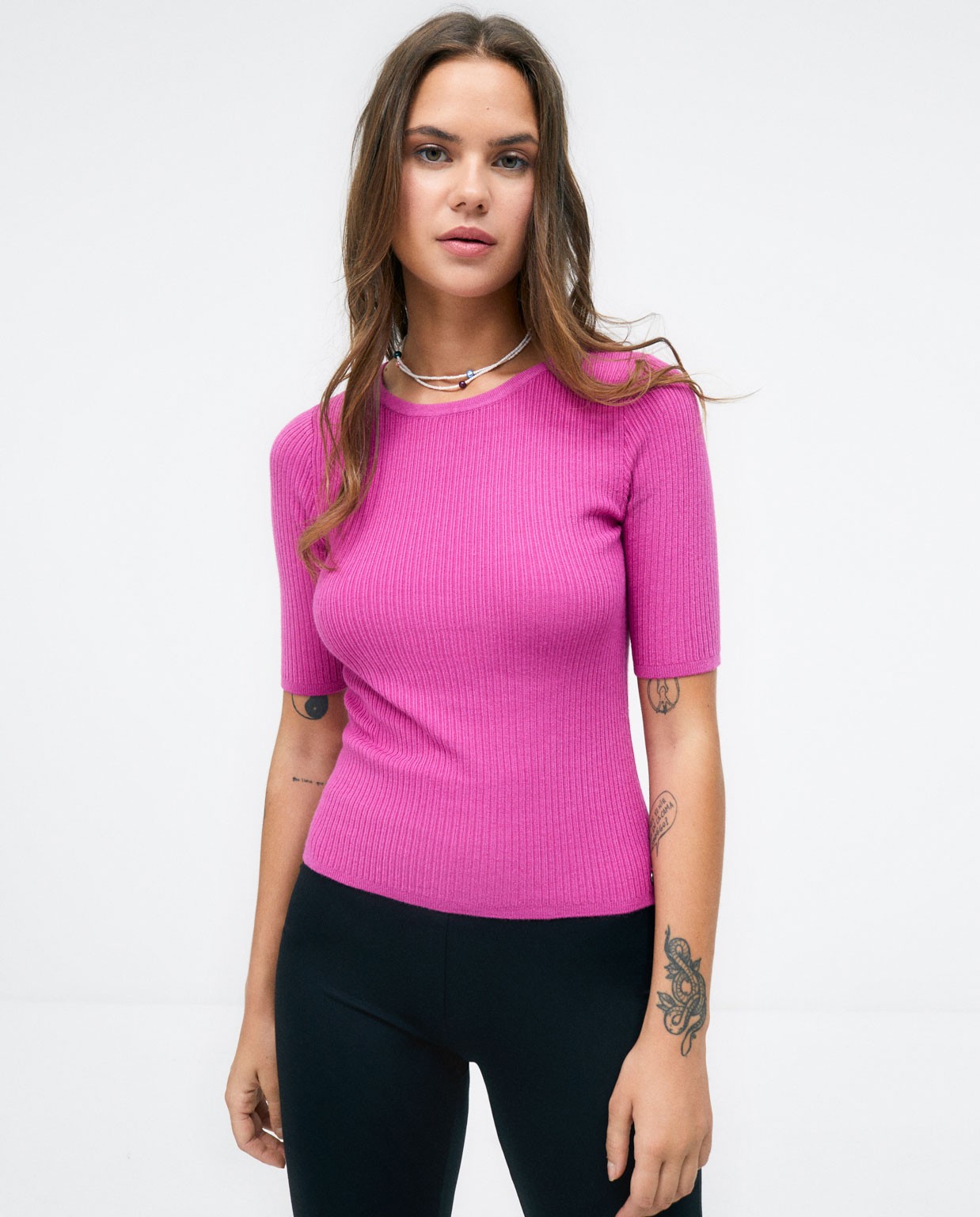 French sleeve ribbed knitted jumper. Plain  Fuchsia