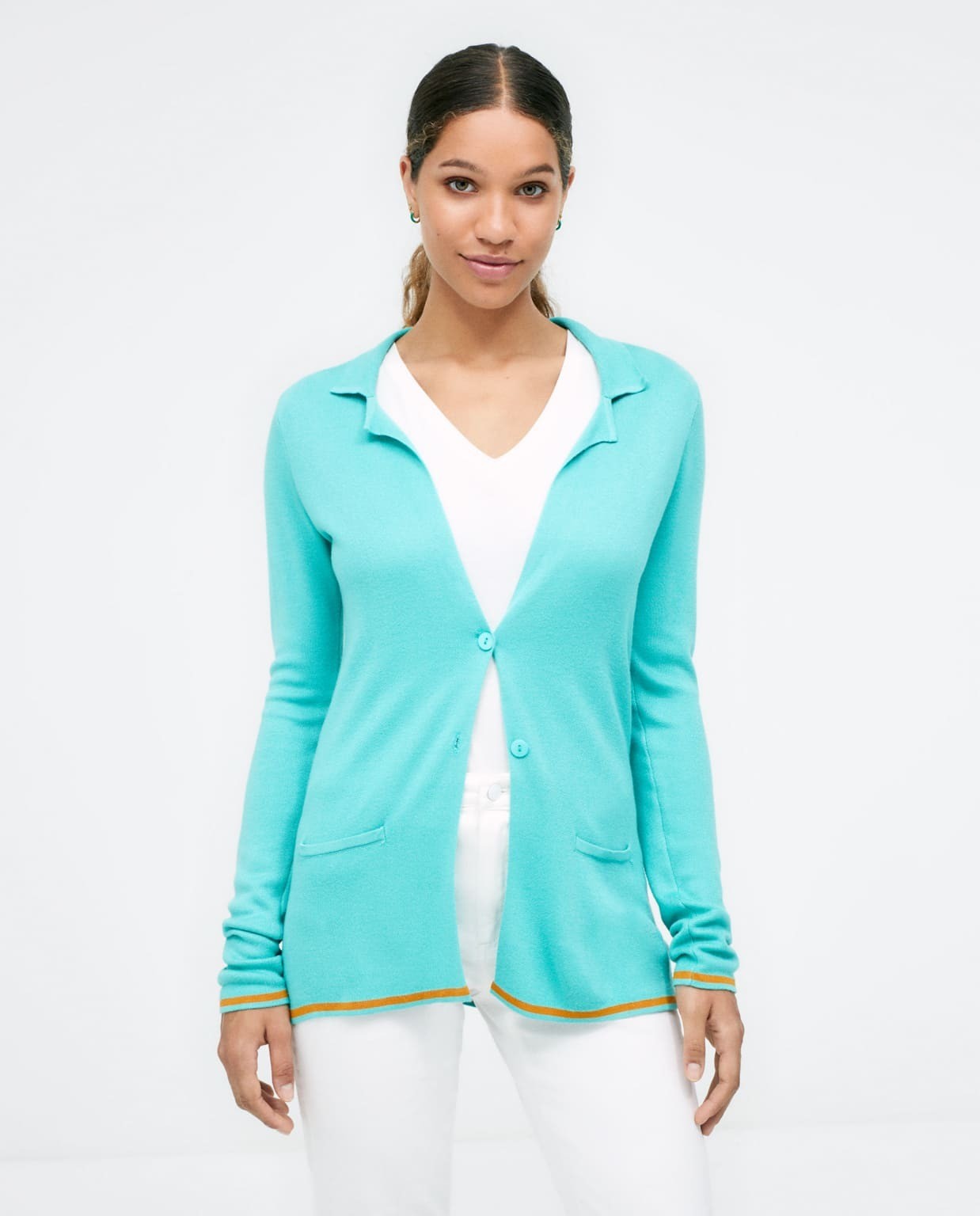 Knitted jacket with pockets. Plain  Turquoise