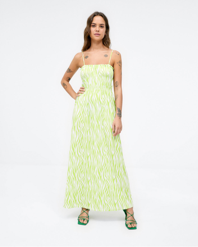 Long strappy knit dress with elasticated gathering Acid green