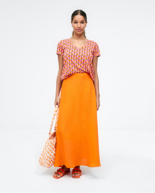 Fla knitted midi skirt. Plain Orange