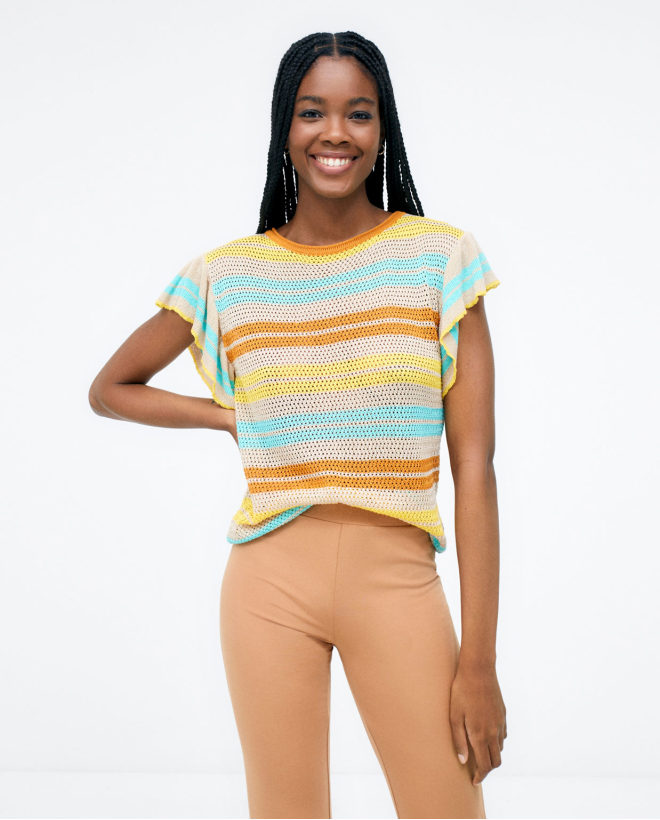 Striped knitted jumper with butterfly sleeves. Bro Yellow
