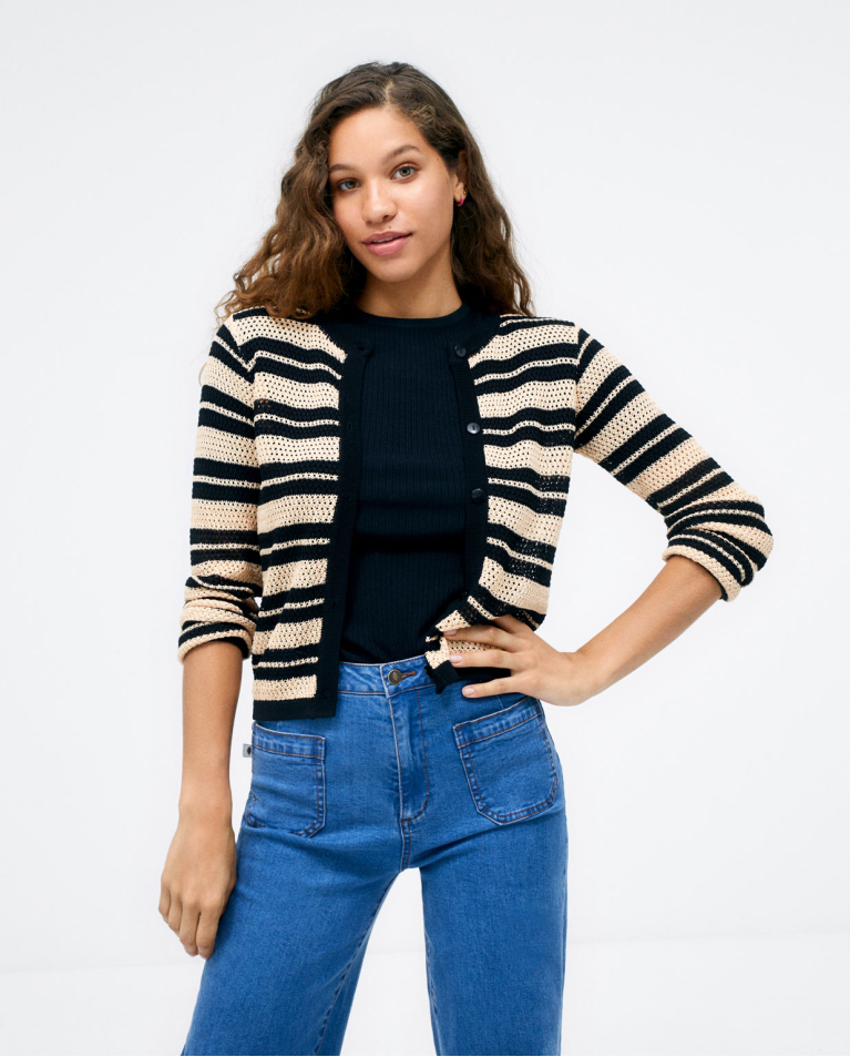 Short knitted cardigan. Without collar. Brown stri Black