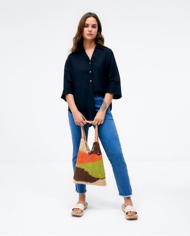 Straight long denim trousers. Plain. Blue