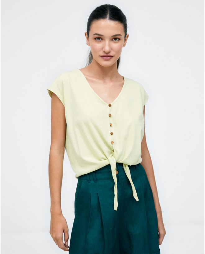 Japanese knotted sleeve top. Elastic. Plain. Acid green